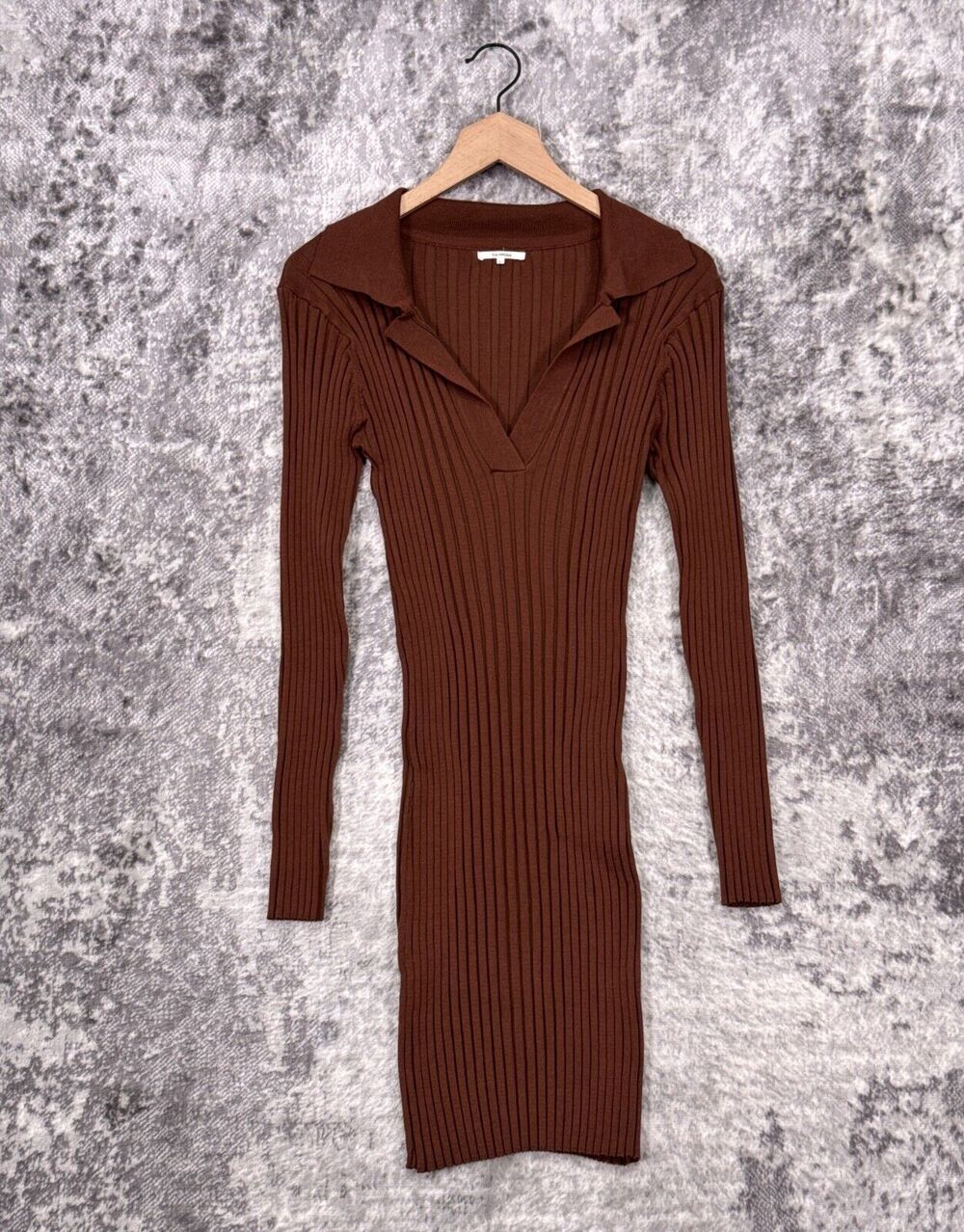 Tularosa Dress Large Womens Revolve Brown Ribbed Collared Bodycon Long Sleeve